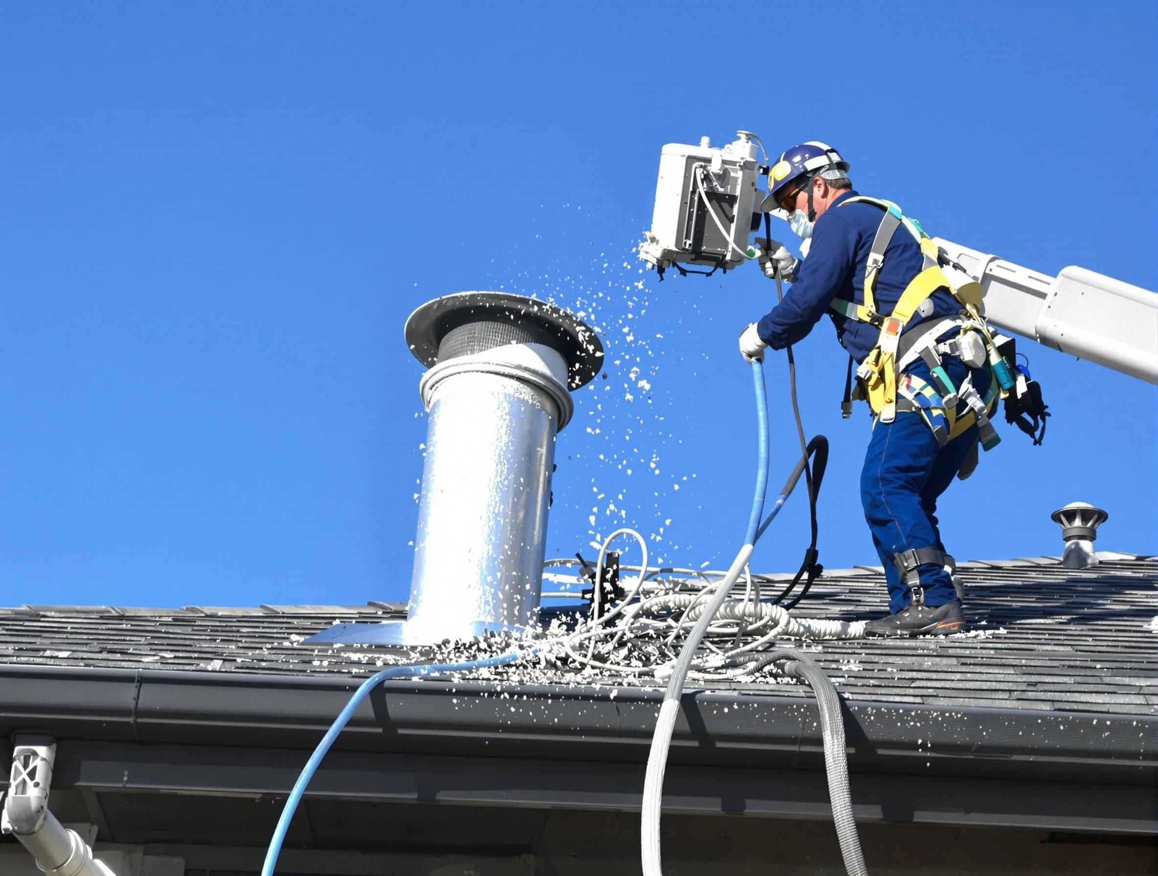 White House Dryer Vent Cleaning certified technician safely cleaning a roof-mounted dryer vent in White House