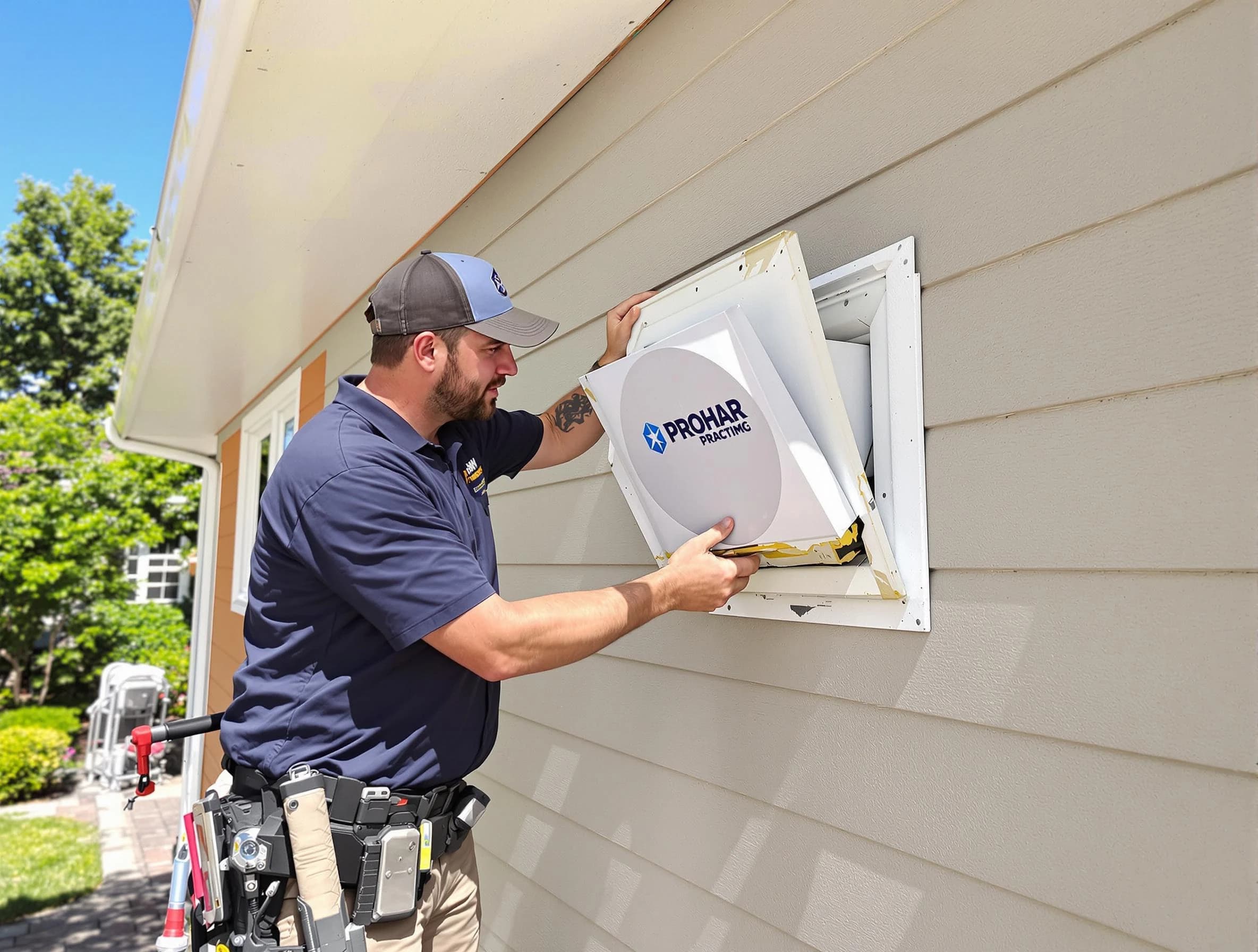 White House Dryer Vent Cleaning technician installing a new protective dryer vent cover on a home in White House