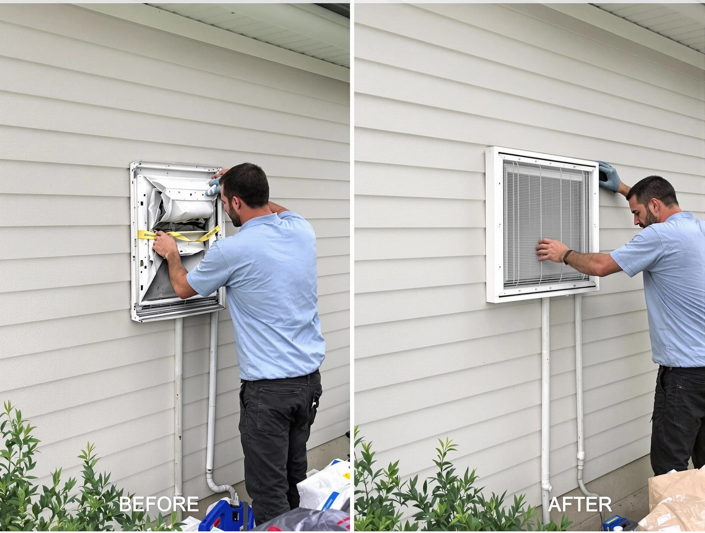White House Dryer Vent Cleaning technician installing high-quality dryer vent cover at a residential property in White House