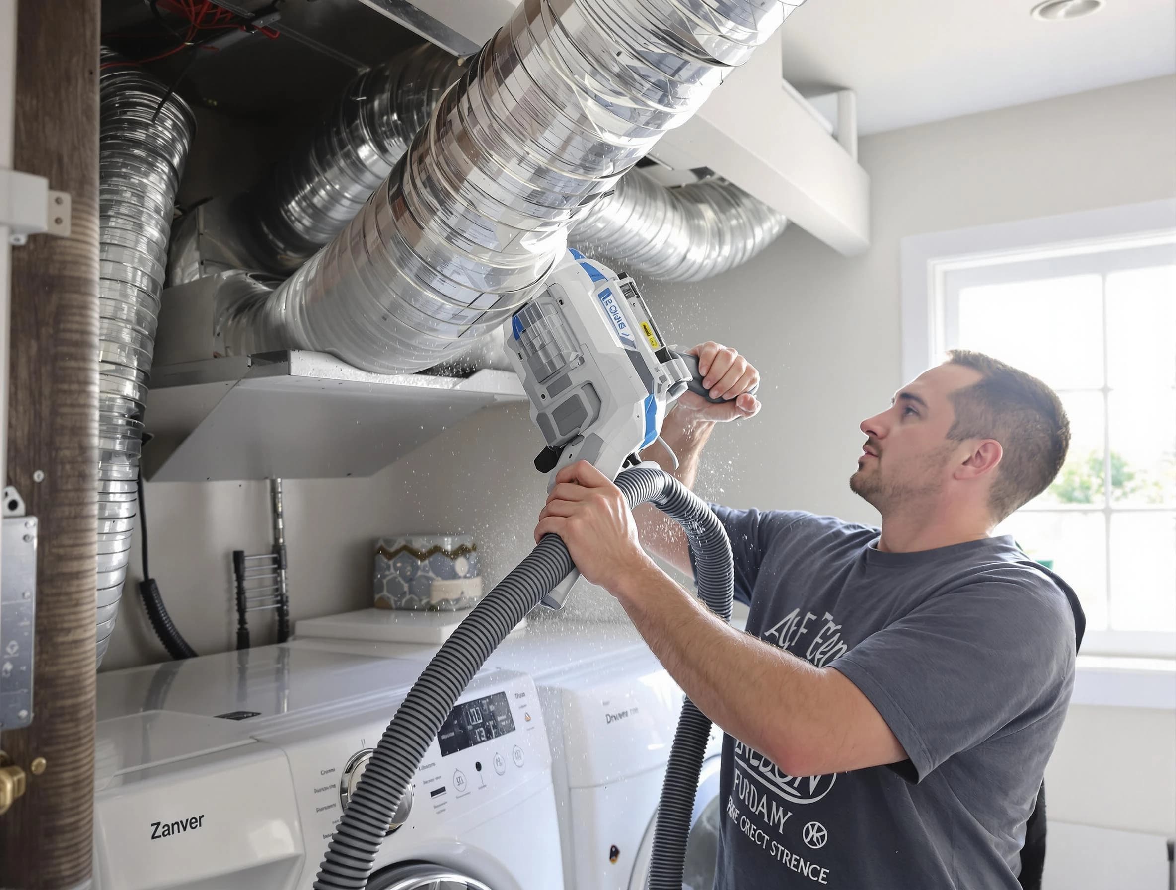 White House Dryer Vent Cleaning specialist cleaning deep within a dryer vent duct system in White House