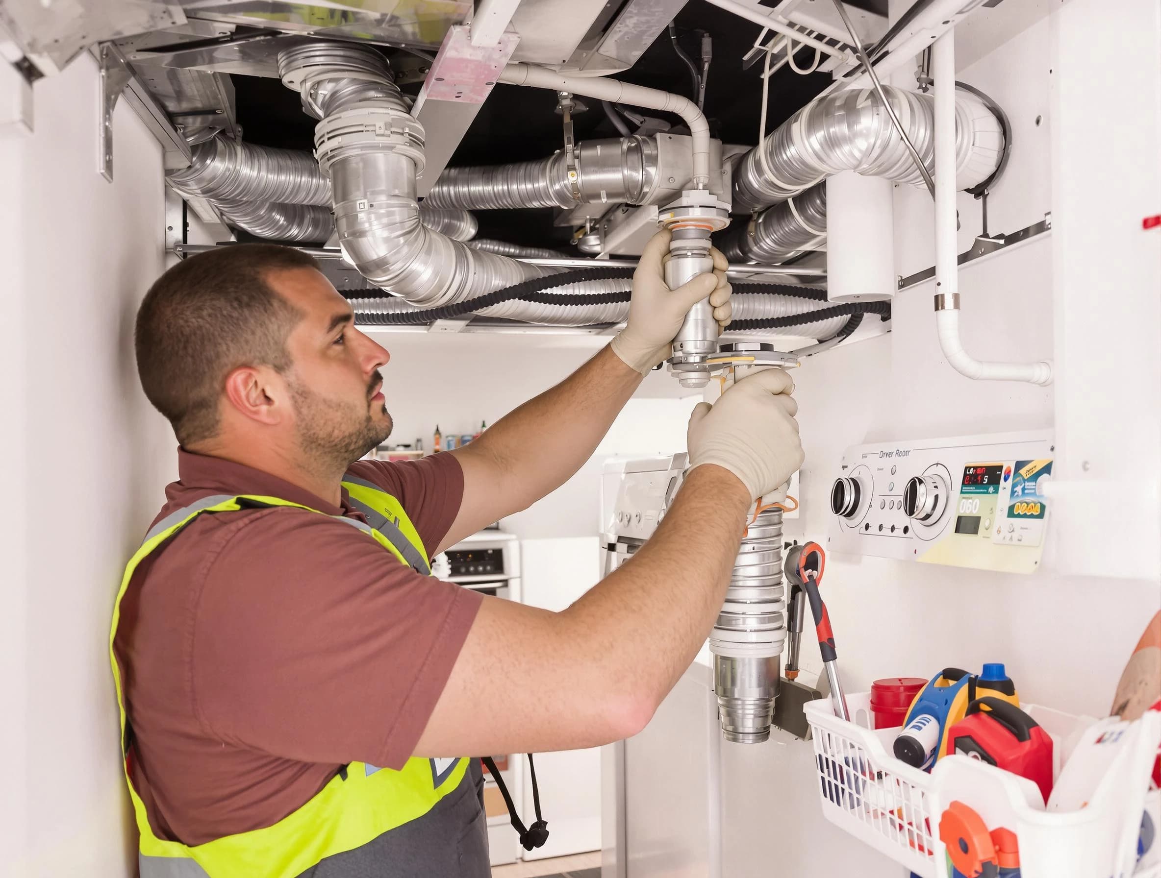 White House Dryer Vent Cleaning expert performing both repair and installation work on a dryer vent system in White House
