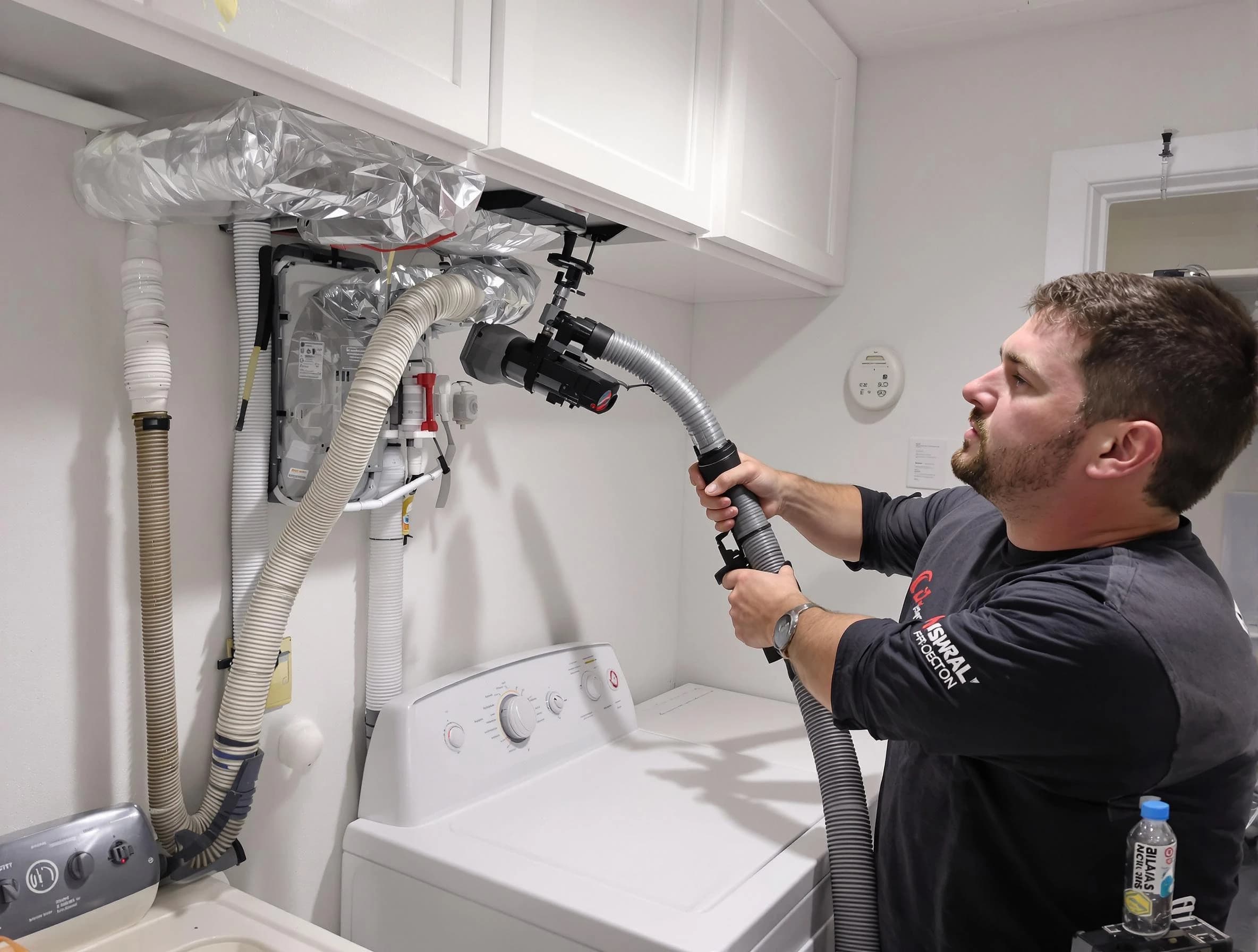 White House Dryer Vent Cleaning certified technician performing safety-focused gas dryer vent cleaning in White House