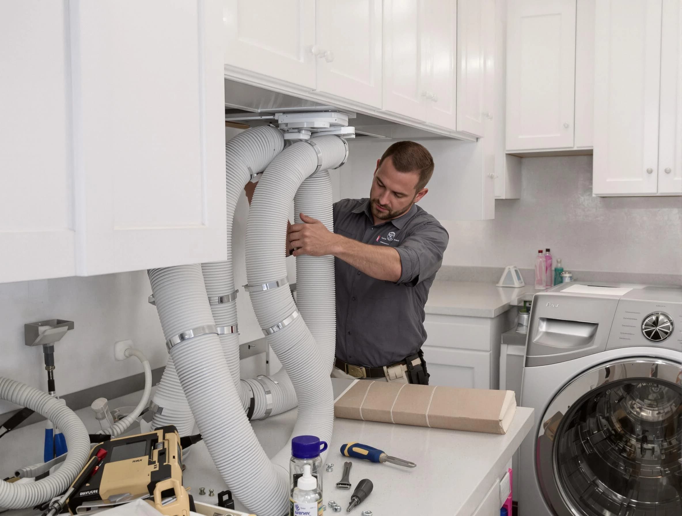 White House Dryer Vent Cleaning technician installing a new professional-grade dryer vent hose in White House