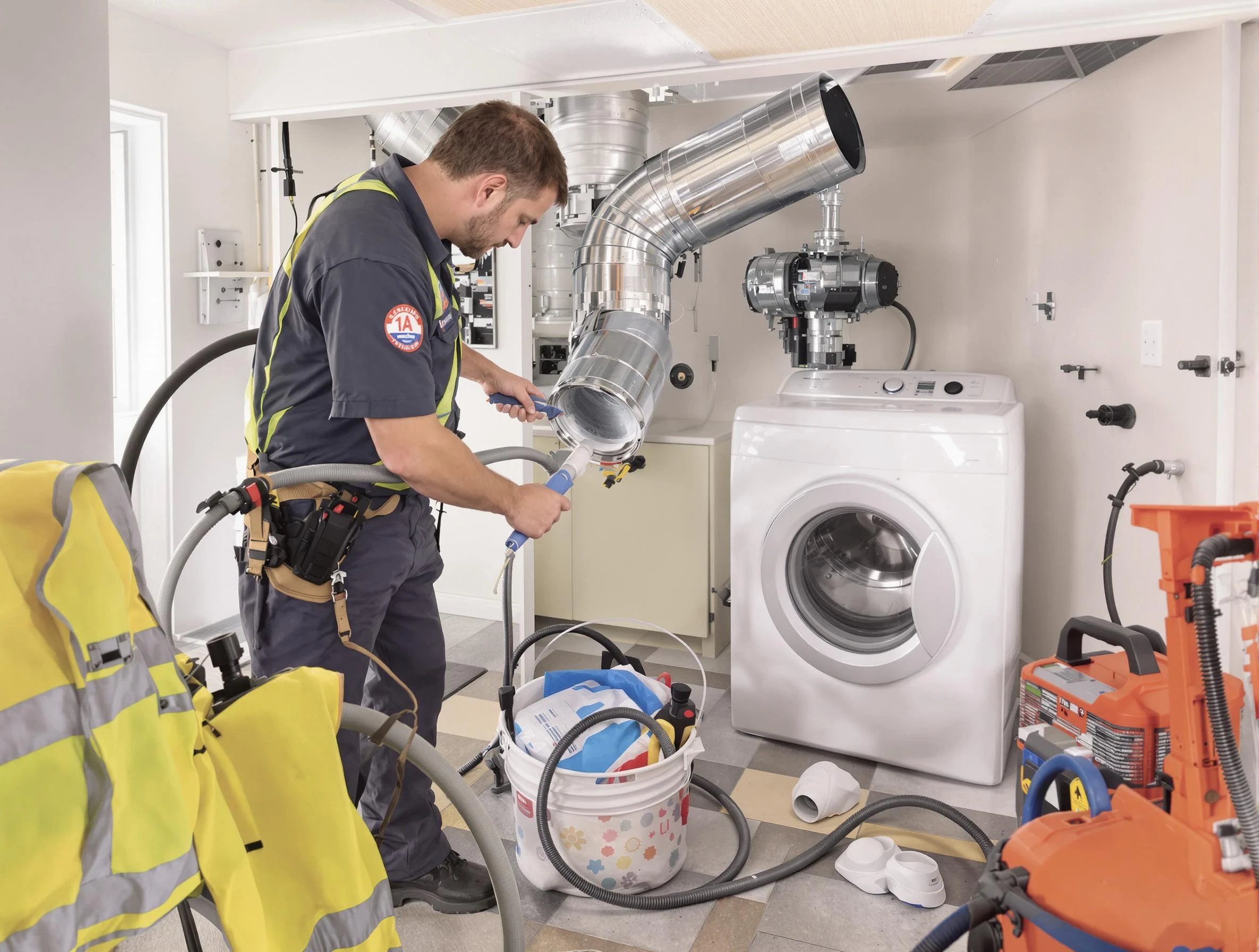 White House Dryer Vent Cleaning technician using specialized equipment to clear severe dryer vent blockage in White House